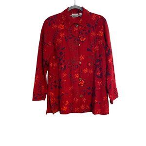 Chicos Design Blouse Women’s S Red Floral Embroidered Silk Button-Up Shacket Art